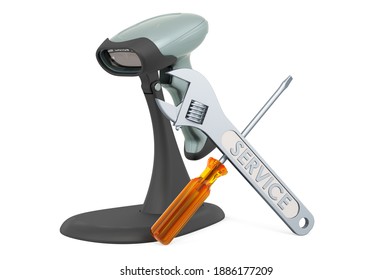 Service and repair of bar code scanner, 3D rendering isolated on white background