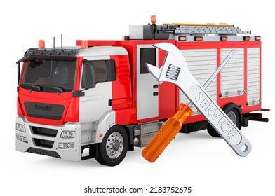 Service And Repair Of Fire Truck, 3D Rendering Isolated On White Background