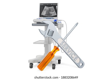 Service And Repair Of Medical Ultrasound Diagnostic Machine, Scanner. 3D Rendering Isolated On White Background