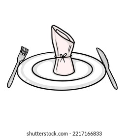 Serving Table. Hand Drawn Doodle Illustration Of A Napkin On The Plate, Fork And Knife. Design For Restaurant, Bar, Pubs Menu.