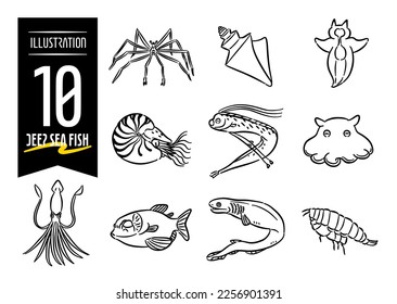 Set 10 hand  drawn pop icon illustrations featuring deep  sea fish  such as Flapjack Octopus