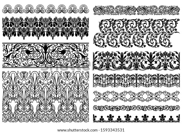 Set of 11 seamless ornate classic antique baroque\
or rococo style ornaments. Line borders, frames, dividers. Isolated\
lace decor elements of ornaments for fashion, textile, custom\
design, print.