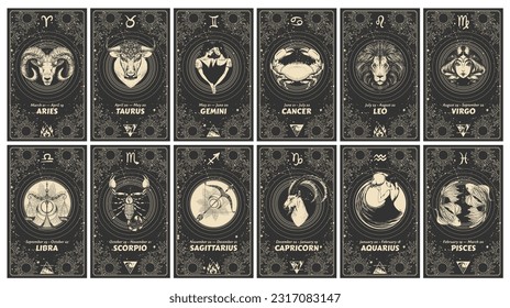 Set 12 astrology cards and zodiac signs  horoscope  tarot  fortune teller  Vintage engraving  mystical  illustration black background  outline hand drawing  magical esoteric banner