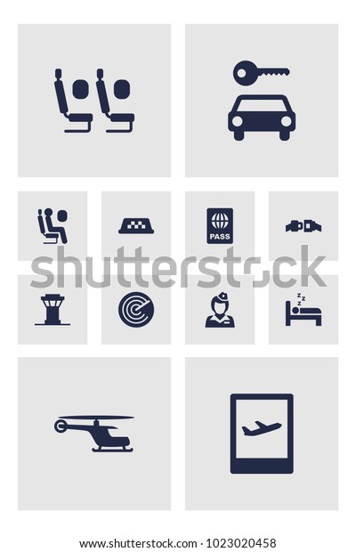 Set of 12 plane icons\
set. Collection of airport sign, passenger, safety belt and other\
elements.