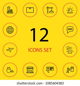 Set of 12 systematization icons line style set. Collection of home delivery, plane, sms and other elements.