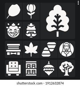 Set Of 13 Nov Filled Icons Such As Candy Corn, Loaf, Oak Leaf, Leaf, Oak, Christmas Ball, Sofa, Flower With Stem, Nutcracker, Wooden Chair, Laughing