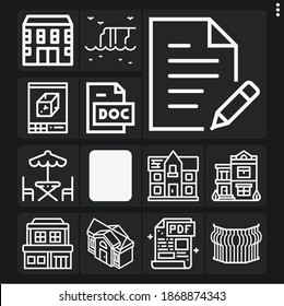 Set of 13 overlooking lineal icons such as cliff, balcony, mansion, file, cad, psd file, pdf