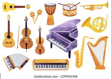 Set of 14 watercolor musical instruments isolated on white background. Created in mix technique - watercolor, collage and flat.