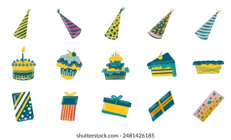 Set of 15 Happy Birthday Greeting icon illustration. Vector illustration isolated on a white background. Colourful minimalist design of Anniversary Birthday. Born day celebration card. Creative set 16 - Powered by Shutterstock