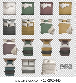 Set Of 15 Modern Monochrome And Colored Beds, Single And Double Bed, Pillows, Headboard And Blankets, Isolated On Transparent Background, Above, Plan, Top View, 3d Illustration