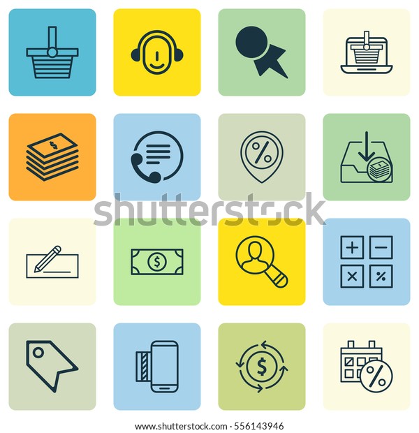Set Of 16 Commerce Icons. Includes Calculation\
Tool, Money Transfer, Price Stamp And Other Symbols. Beautiful\
Design Elements.