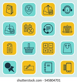 Set Of 16 E-Commerce Icons. Includes Withdraw Money, Money Transfer, E-Trade And Other Symbols. Beautiful Design Elements.