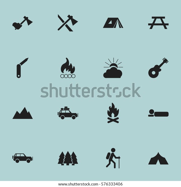 Set Of 16 Editable Camping Icons.\
Includes Symbols Such As Pine, Desk, Voyage Car And More. Can Be\
Used For Web, Mobile, UI And Infographic\
Design.