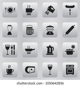 Set of 16 editable kitchen icons. Includes symbols such as wineglass, beer, tea and more. Can be used for web, mobile, UI and infographic design.