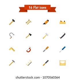 Set Of 16 Editable Tools Icons Flat Style. Includes Symbols Such As Cutter, Metal Bar, Nag And More. Can Be Used For Web, Mobile, UI And Infographic Design.