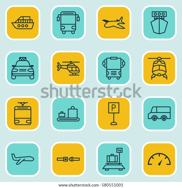 Set\
Of 16 Shipping Icons. Includes Safety Belt, Car Vehicle, Flight\
Vehicle And Other Symbols. Beautiful Design\
Elements.