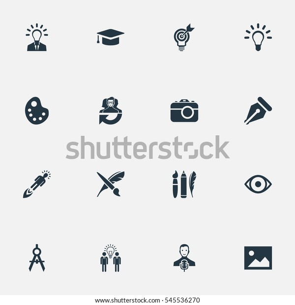 Set Of 16\
Simple Creative Thinking Icons. Can Be Found Such Elements As\
Writing Tool, Dividers, Leadership And\
Other.