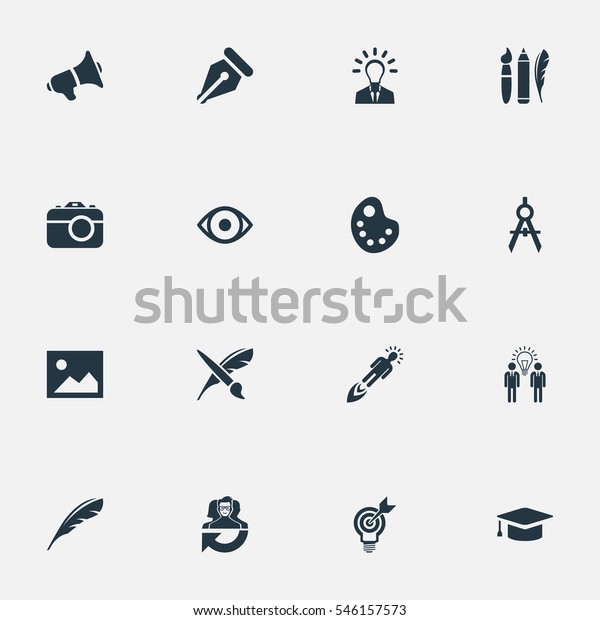 Set Of 16\
Simple Creative Thinking Icons. Can Be Found Such Elements As\
Writing Tool, Dividers, Project Aim And\
Other.