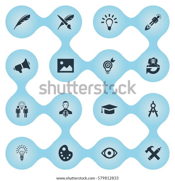Set Of 16 Simple\
Creative Thinking Icons. Can Be Found Such Elements As Pencil,\
Plume, Bullhorn And\
Other.