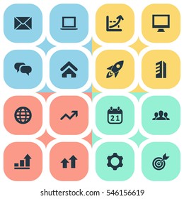 Set Of 16 Simple Entrepreneurship Icons. Can Be Found Such Elements As Goal, Date, Success And Other.