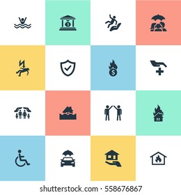 Set Of 16 Simple Warrant Icons. Can Be Found Such Elements As Slide Down, Electric Shock  Jeopardy, Medical Attendance And Other.