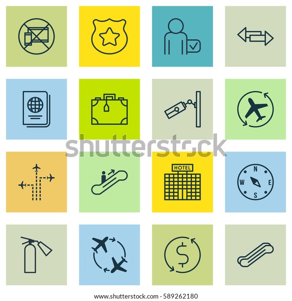 Set Of 16\
Traveling Icons. Includes Cop Symbol, Flight Path, Suitcase And\
Other Symbols. Beautiful Design\
Elements.