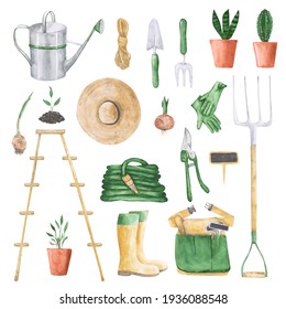 Set Of 19 Garden Tools Isolated. Hand-drawn Watercolor Gardening Clipart. Watering Can, Sprout, Garden Apron, Rake, Hose, Rope, Spad, Wellies, Gloves, Wooden Stand, Hat, Bulb, Pruner, Pitchfork.