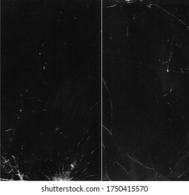 Set Of 2 Broken Glass Templates. Cracked Display. Scratched TV Screen Texture Overlay Effect.