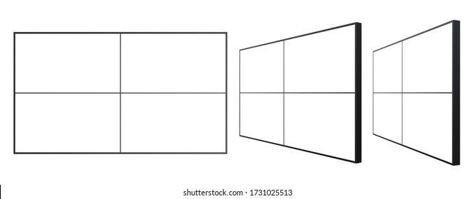 A Set Of 2 X 2 Video Walls MockUp. Angle View Of A 4 TV Panels Isolated On A White Background. 3D Render.