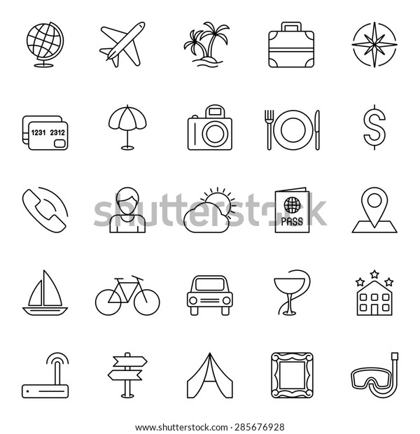 Set of 25 thin\
line travel and vacation\
icons