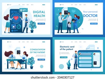 Set 2D Flat Concepts Digital Health, Electronic Card, Consultation Patient