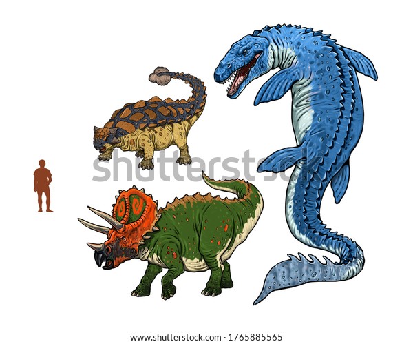 3つの恐竜のセット 恐竜と人間の比較 モササウルス アンキロサウルス トリケラトプス のイラスト素材