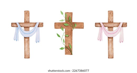 Set of 3 Religious crosses isolated on a white background. Watercolor wooden Christian crosses decorated with a piece of blue and pink fabric and a green branch of a tree. Easter symbol.  - Powered by Shutterstock