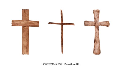 Set of 3 Religious crosses isolated on a white background. Watercolor wooden Christian cross illustration. The hand-painted catholic or orthodox symbol for the first community, baptism, and Easter. - Powered by Shutterstock