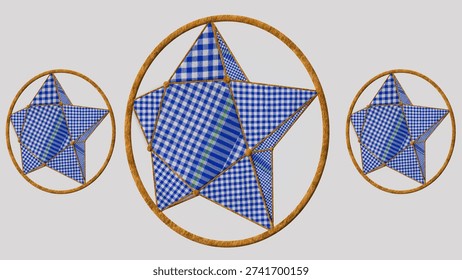Set of 3 Rustic Checkered Fabric Star Illustrations