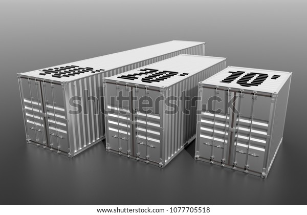 Set of 3 ship cargo containers 10 20 40\
feet length on grey background. 3D\
illustration