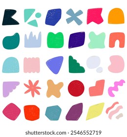 A set of 30 colorful hand-drawn abstract shapes featuring bold and pastel tones. Includes geometric and organic forms with decorative patterns, dots, and textured details for a modern artistic style.