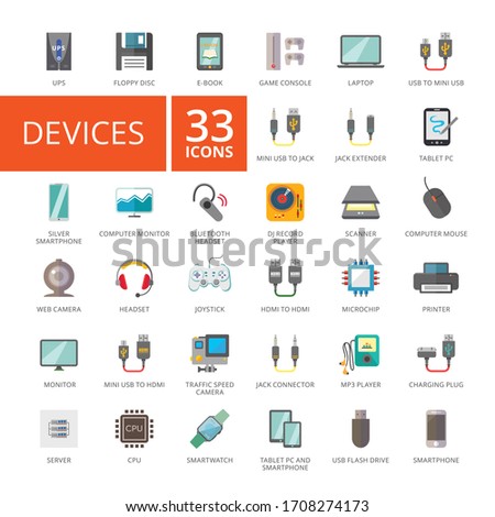 Set of 33 flat icons representing various electronic devices and gadgets
