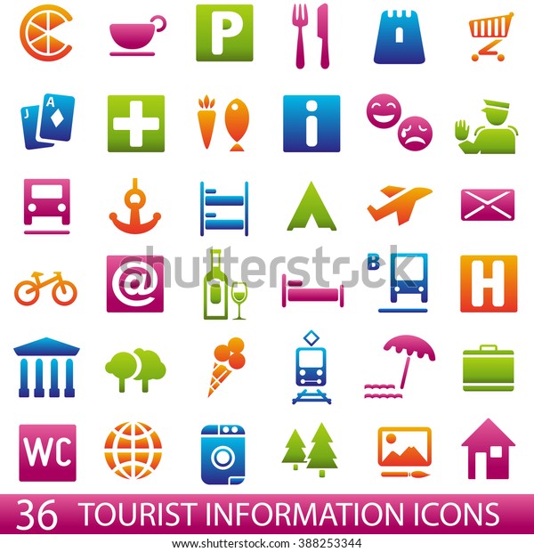 Set of 36 icons for tourist map. Tourist information\
icons. Guide. Tourist information icons illustration. Tourist\
information icons\
jpeg