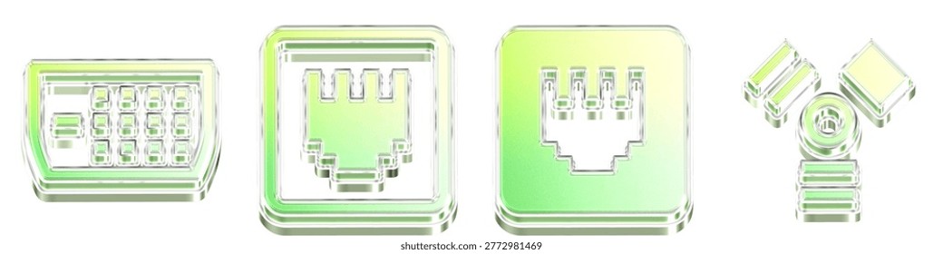 Set of 3D crystal dvi, ethernet off, ethernet on, and firewire icon isolated on transparent background, symbols for Computer ports icon collection and design.