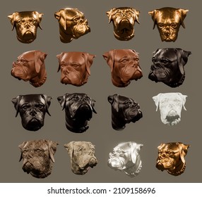 Set Of 3d Dog Face Model With Different Texture Render From Different Angles For Vfx, Animation Movie And Video Game Projects