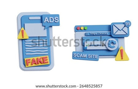 Set of 3D Fake Ads Interface and Scam Website Warning Icons