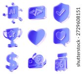 Set 3D Glass artificial intelligence code security shield trophy star heart like money dollar credit card discount coupon icon isolated on transparent background, concept of digital banking rewards and financial security. Transparent Liquid Glass icon. 3D rendering.