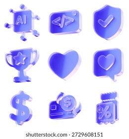 Set 3D Glass artificial intelligence code security shield trophy star heart like money dollar credit card discount coupon icon isolated on transparent background, concept of digital banking rewards and financial security. Transparent Liquid Glass icon. 3D rendering.