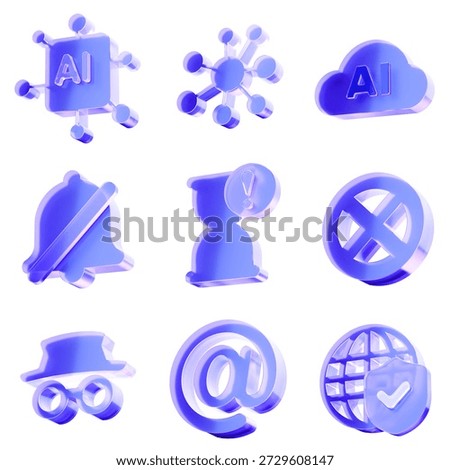 Set 3D Glass artificial intelligence network cloud ai mute notification hourglass warning forbidden incognito email globe protection icon isolated on transparent background, concept of global artificial intelligence and private data networking. Transparent Liquid Glass icon. 3D rendering.
