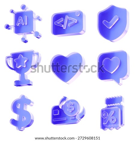 Set 3D Glass artificial intelligence code security shield trophy star heart like money dollar credit card discount coupon icon isolated on transparent background, concept of digital banking rewards and financial security. Transparent Liquid Glass icon. 3D rendering.