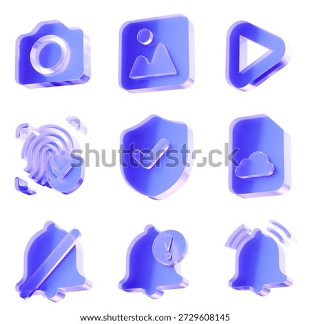 Set 3D Glass camera image play fingerprint shield cloud bell icon on transparent background, multimedia and security interface. Transparent Liquid Glass icon. 3D render