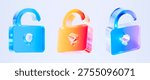 Set of 3D Glass padlock security icon isolated on transparent background, concept of privacy protection safety and secure access. Transparent Liquid Glass icon. 3D rendering.