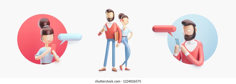 Set Of 3d Illustration. Cartoon Character Is Sending A Message From His Phone. 