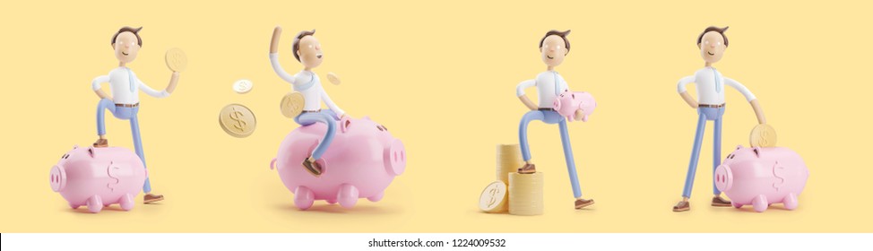 Set Of 3d Illustrations. Cartoon Character With Coin And Money Box Pig. 